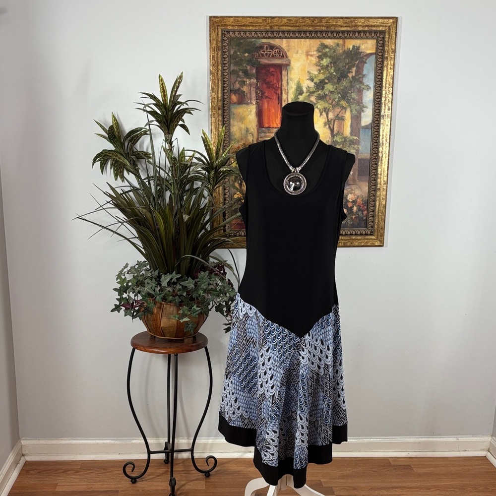 J.B.S. Black and Blue Asymmetrical Midi Dress Drop waist Sleeveless Scoop Neck L